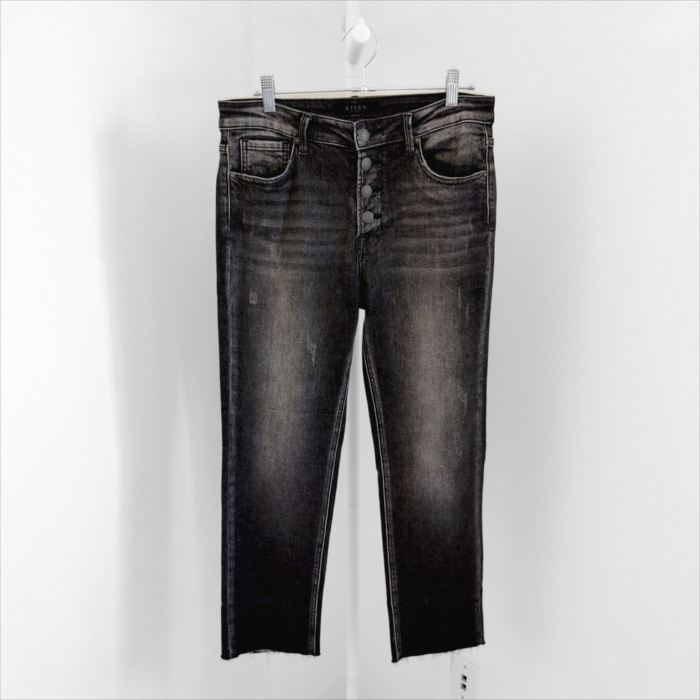 Risen Jeans Size 29/9 Black Denim Frayed Hem Distressed